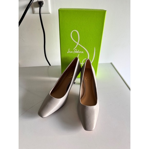 Sam Edelman Shoes - Sam Edelman Rika Light Gray Leather Square Toe Kitten Heel Pumps Womens 6.5 M